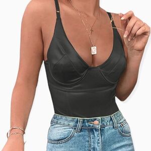 NWT Velius Women's Sexy Deep V Neck Shiny Thong Bodysuit Tank Top w/ Underwire